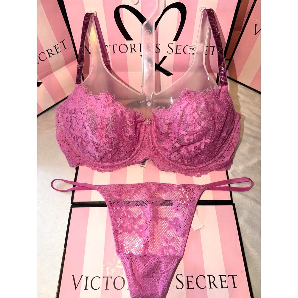 Victoria's Secret Bra Unlined Bling 34DDD Large V-String Pink Eyelash Lace
